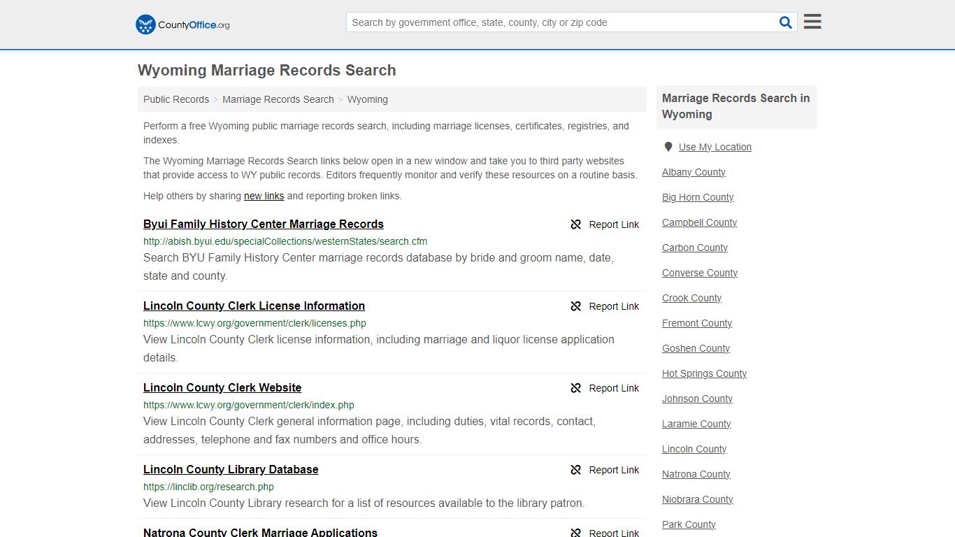 Wyoming Marriage Records Search - County Office