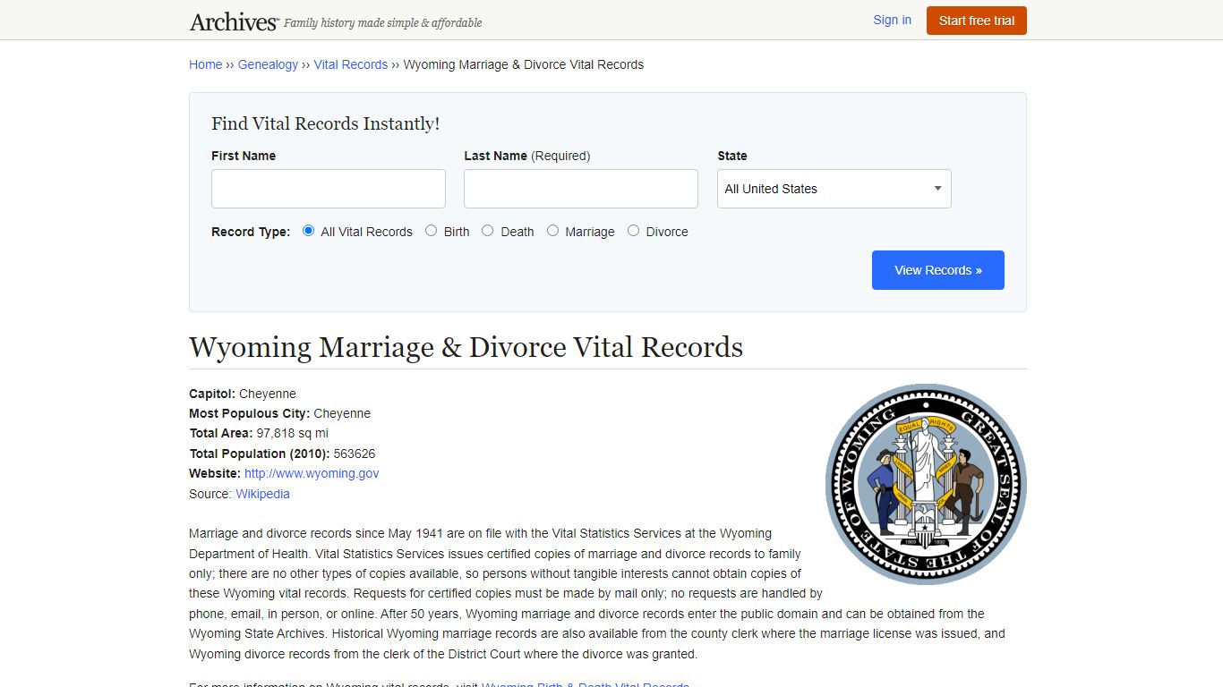 Wyoming Marriage & Divorce Vital Records - Archives.com